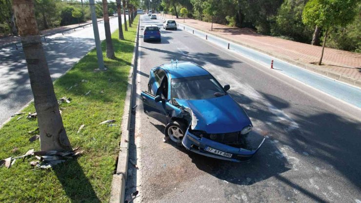 Palmiyeye Çarpan Otomobildeki 2 Kişi Yaralandı
